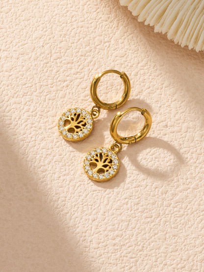 316L Stainless Steel 18K Gold PVD Tree of Life Zircon Hoop Earrings - Tree of Life, Zircon, Hoop Earrings, Gold Plated, Spiritual, Modern Wholesale Stainless Steel Jewelry - Sensitive Skin Friendly - Detail 14