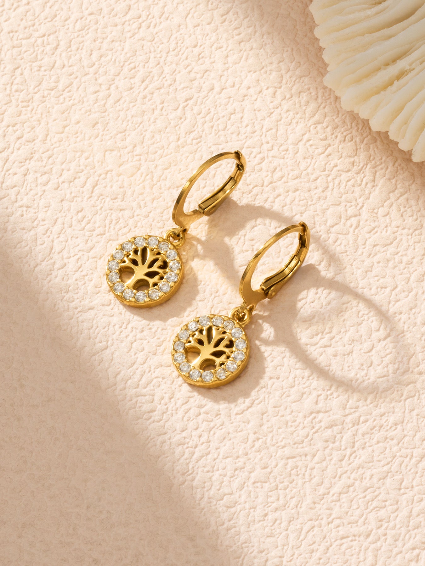 316L Stainless Steel 18K Gold PVD Tree of Life Zircon Hoop Earrings - Tree of Life, Zircon, Hoop Earrings, Gold Plated, Spiritual, Modern Wholesale Stainless Steel Jewelry - Sensitive Skin Friendly - Detail 15