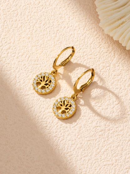 316L Stainless Steel 18K Gold PVD Tree of Life Zircon Hoop Earrings - Tree of Life, Zircon, Hoop Earrings, Gold Plated, Spiritual, Modern Wholesale Stainless Steel Jewelry - Sensitive Skin Friendly - Detail 15