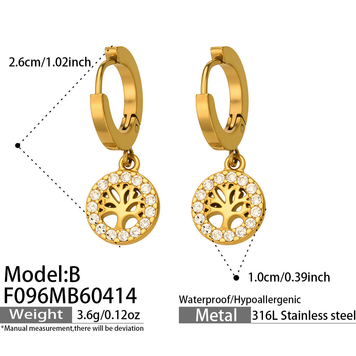 316L Stainless Steel 18K Gold PVD Tree of Life Zircon Hoop Earrings - Tree of Life, Zircon, Hoop Earrings, Gold Plated, Spiritual, Modern Wholesale Stainless Steel Jewelry - Sensitive Skin Friendly - Detail 2