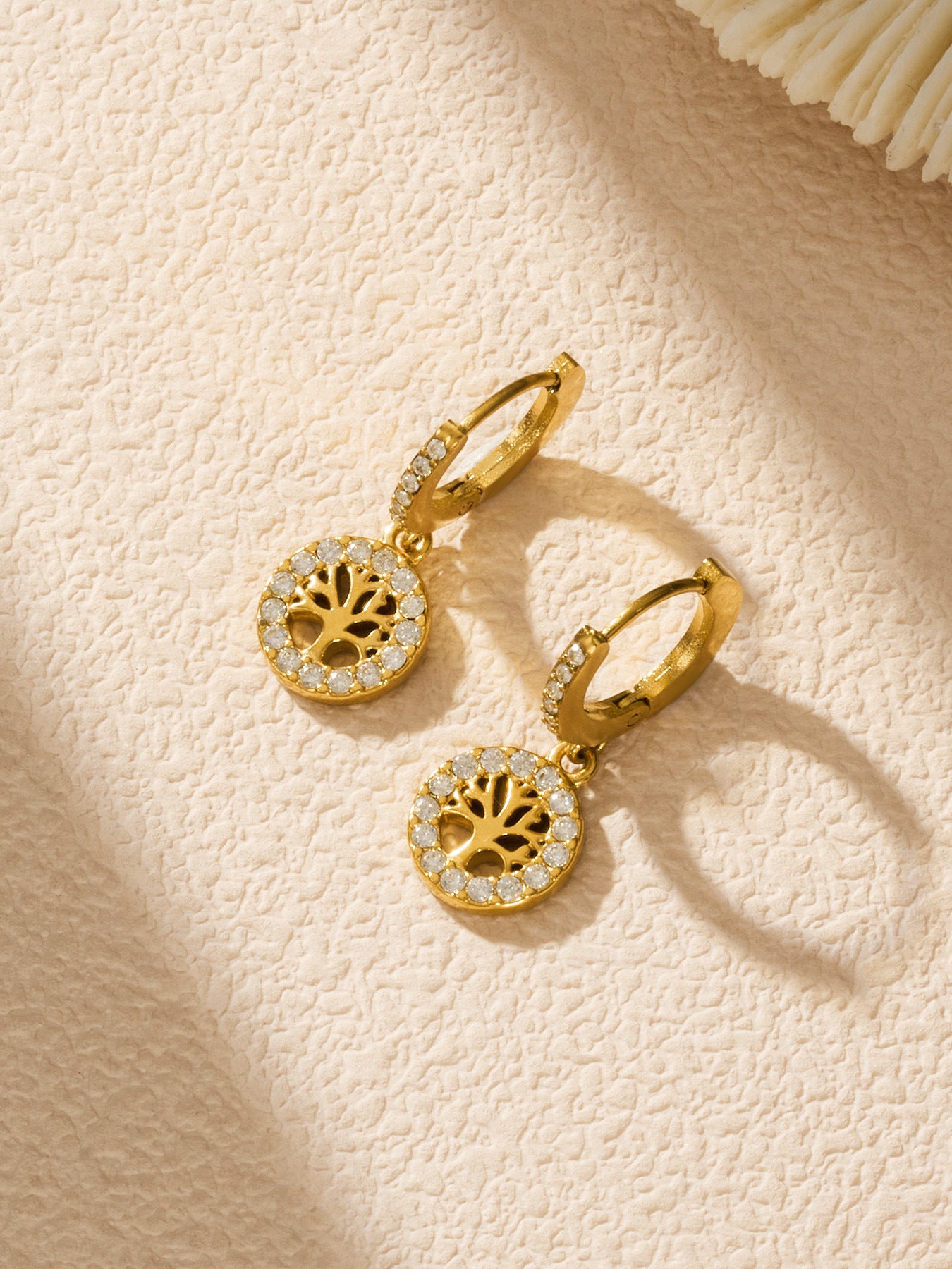 316L Stainless Steel 18K Gold PVD Tree of Life Zircon Hoop Earrings - Tree of Life, Zircon, Hoop Earrings, Gold Plated, Spiritual, Modern Wholesale Stainless Steel Jewelry - Sensitive Skin Friendly - Detail 3