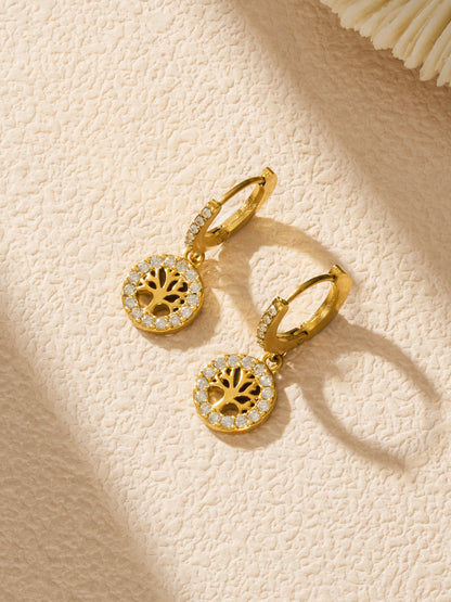 316L Stainless Steel 18K Gold PVD Tree of Life Zircon Hoop Earrings - Tree of Life, Zircon, Hoop Earrings, Gold Plated, Spiritual, Modern Wholesale Stainless Steel Jewelry - Sensitive Skin Friendly - Detail 3