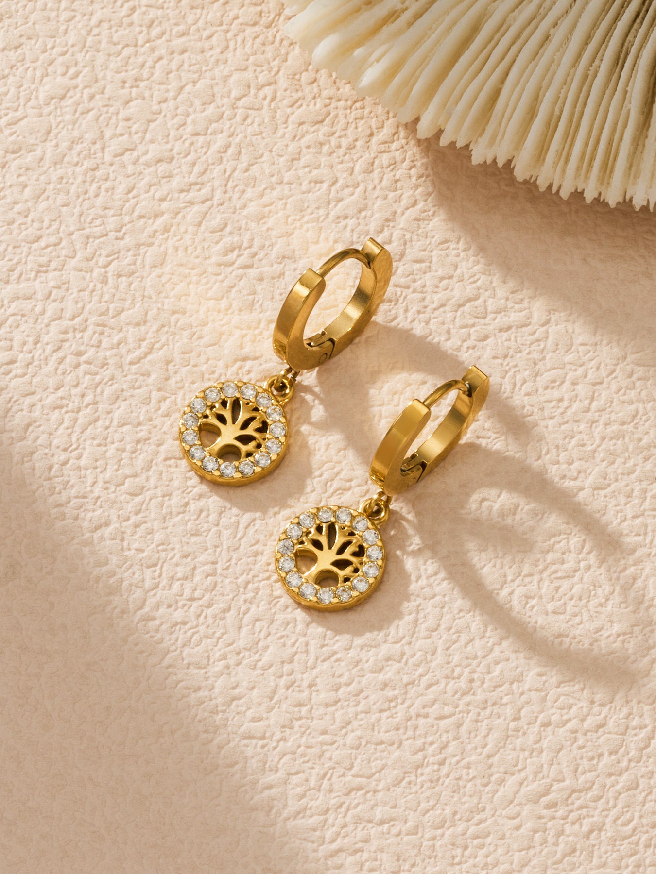 316L Stainless Steel 18K Gold PVD Tree of Life Zircon Hoop Earrings - Tree of Life, Zircon, Hoop Earrings, Gold Plated, Spiritual, Modern Wholesale Stainless Steel Jewelry - Sensitive Skin Friendly - Detail 4
