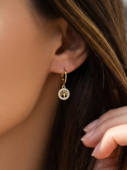 316L Stainless Steel 18K Gold PVD Tree of Life Zircon Hoop Earrings - Tree of Life, Zircon, Hoop Earrings, Gold Plated, Spiritual, Modern Wholesale Stainless Steel Jewelry - Sensitive Skin Friendly - Detail 5