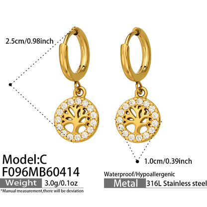316L Stainless Steel 18K Gold PVD Tree of Life Zircon Hoop Earrings - Tree of Life, Zircon, Hoop Earrings, Gold Plated, Spiritual, Modern Wholesale Stainless Steel Jewelry - Sensitive Skin Friendly - Detail 6
