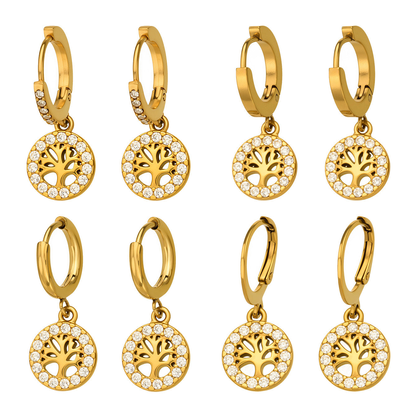 316L Stainless Steel 18K Gold PVD Tree of Life Zircon Hoop Earrings - Tree of Life, Zircon, Hoop Earrings, Gold Plated, Spiritual, Modern Wholesale Stainless Steel Jewelry - Sensitive Skin Friendly - Detail 7