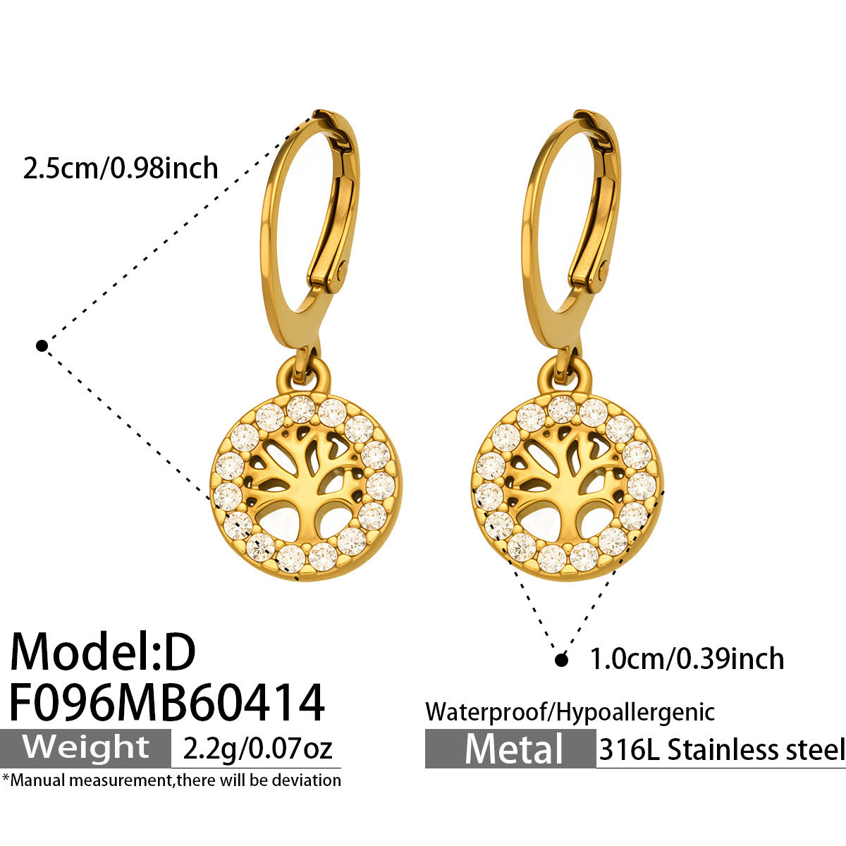 316L Stainless Steel 18K Gold PVD Tree of Life Zircon Hoop Earrings - Tree of Life, Zircon, Hoop Earrings, Gold Plated, Spiritual, Modern Wholesale Stainless Steel Jewelry - Sensitive Skin Friendly - Detail 9