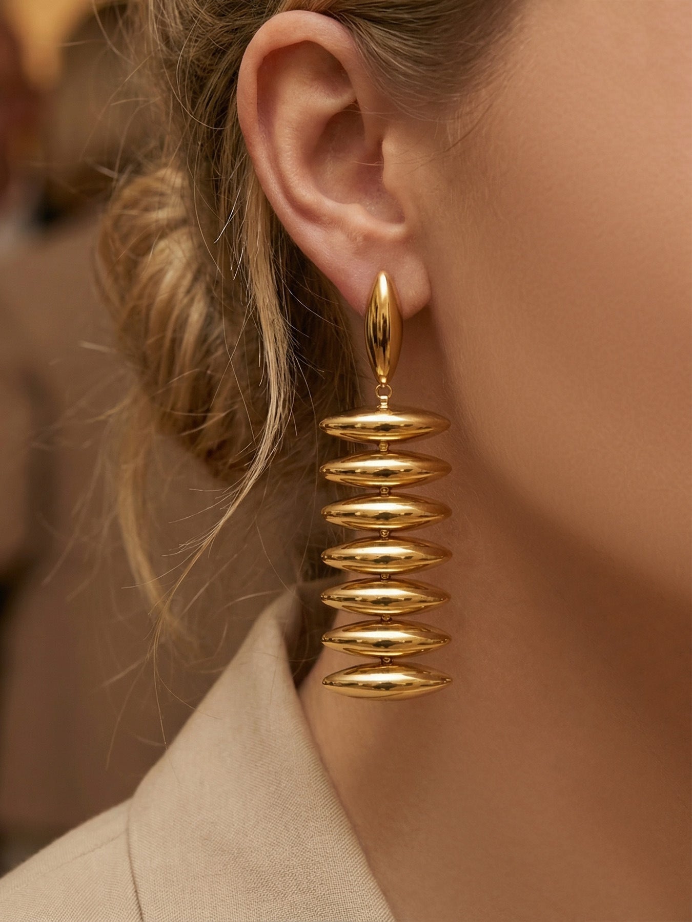 316L Stainless Steel 18K Gold PVD Trendy Beaded Dangle Earrings - Beaded, Dangle, Long, Trendy, Statement, 18K Gold PVD Wholesale Stainless Steel Jewelry - Sensitive Skin Friendly - Detail 11