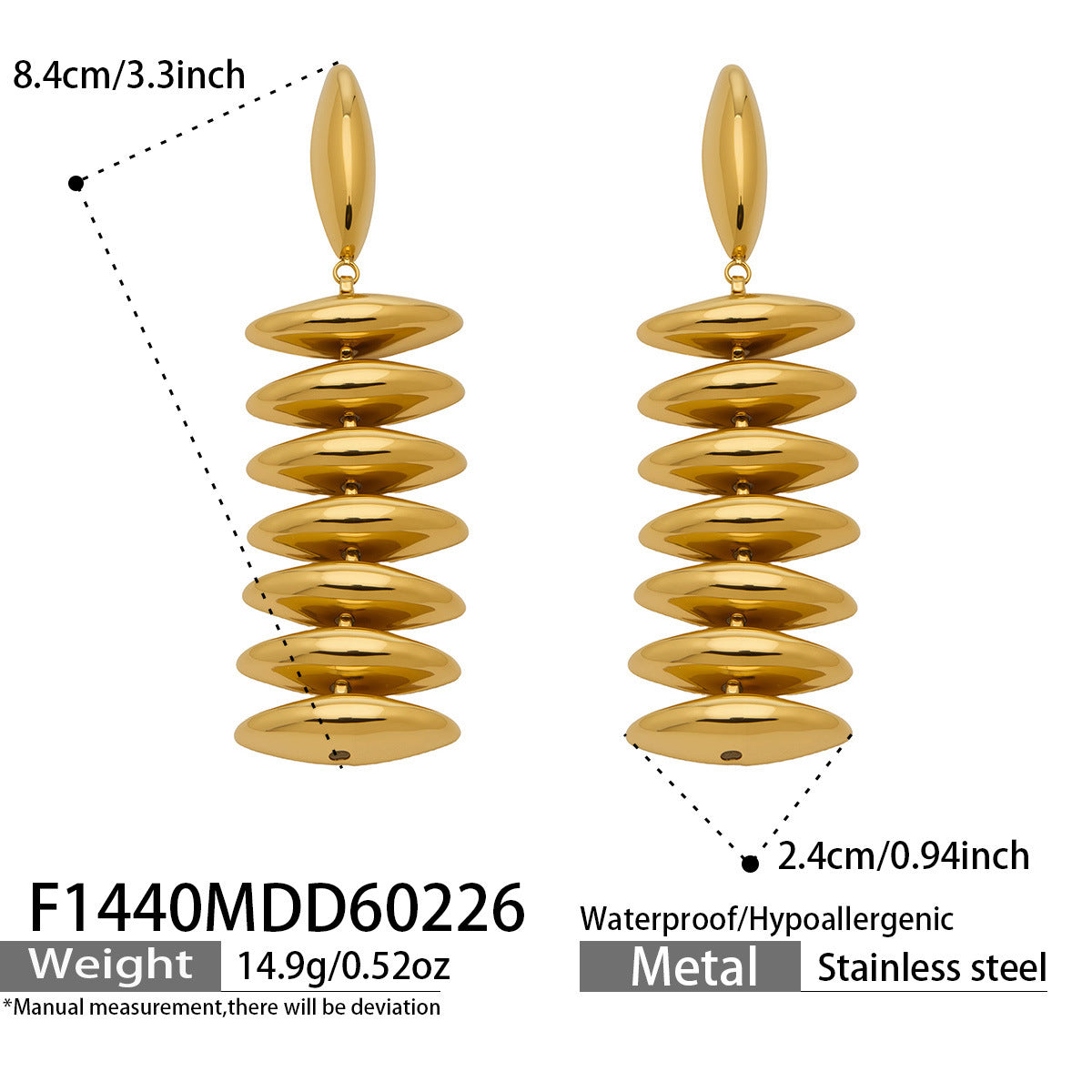 316L Stainless Steel 18K Gold PVD Trendy Beaded Dangle Earrings - Beaded, Dangle, Long, Trendy, Statement, 18K Gold PVD Wholesale Stainless Steel Jewelry - Sensitive Skin Friendly - Detail 6