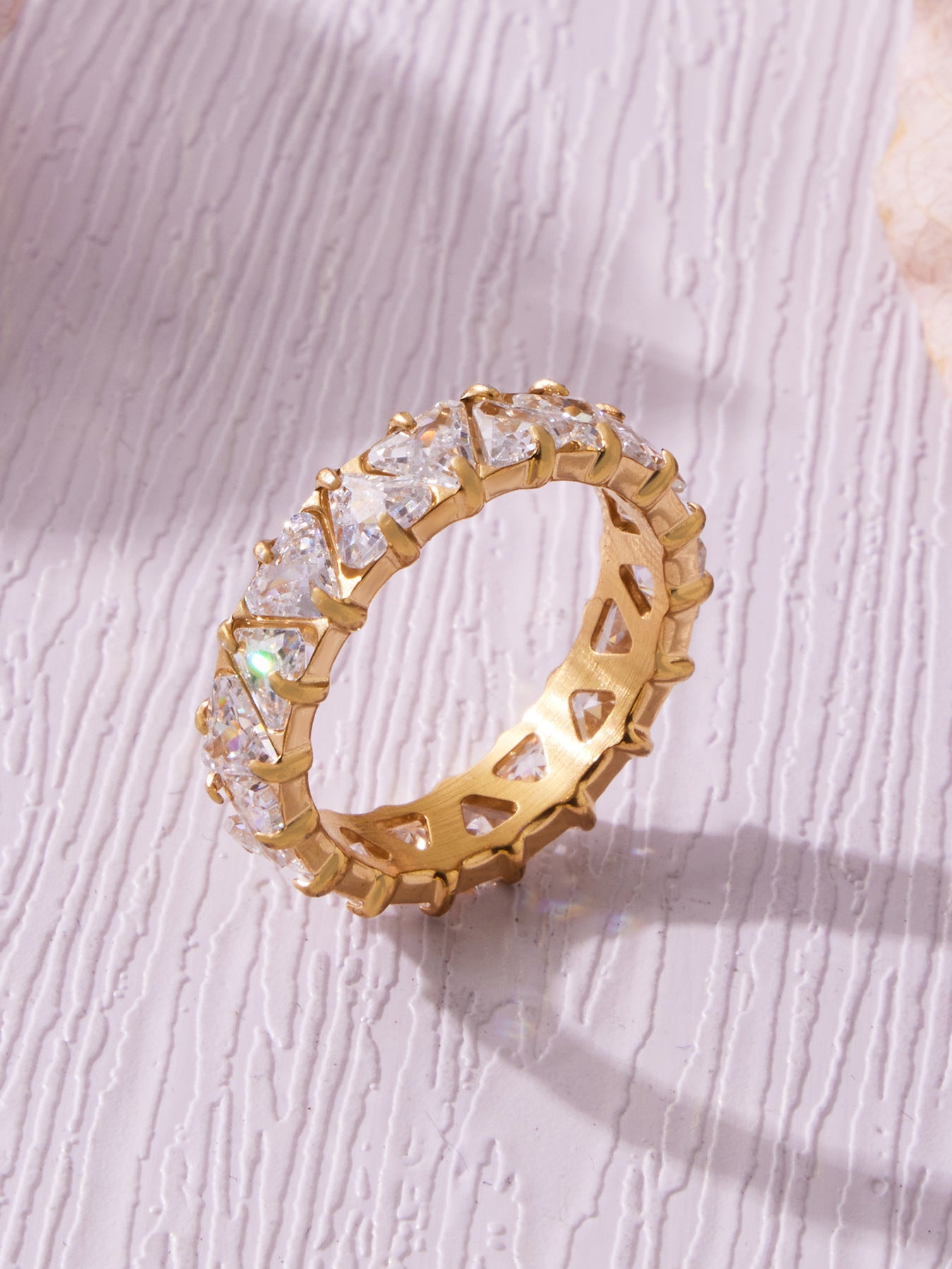 316L Stainless Steel 18K Gold PVD Triangle Zircon Full Pavé Ring - Triangle Zircon Full Pavé, Gold Band, Steel Ring, Modern Minimalist Wholesale Stainless Steel Jewelry - Sensitive Skin Friendly - Detail 16