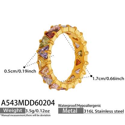 316L Stainless Steel 18K Gold PVD Triangle Zircon Full Pavé Ring - Triangle Zircon Full Pavé, Gold Band, Steel Ring, Modern Minimalist Wholesale Stainless Steel Jewelry - Sensitive Skin Friendly - Detail 19
