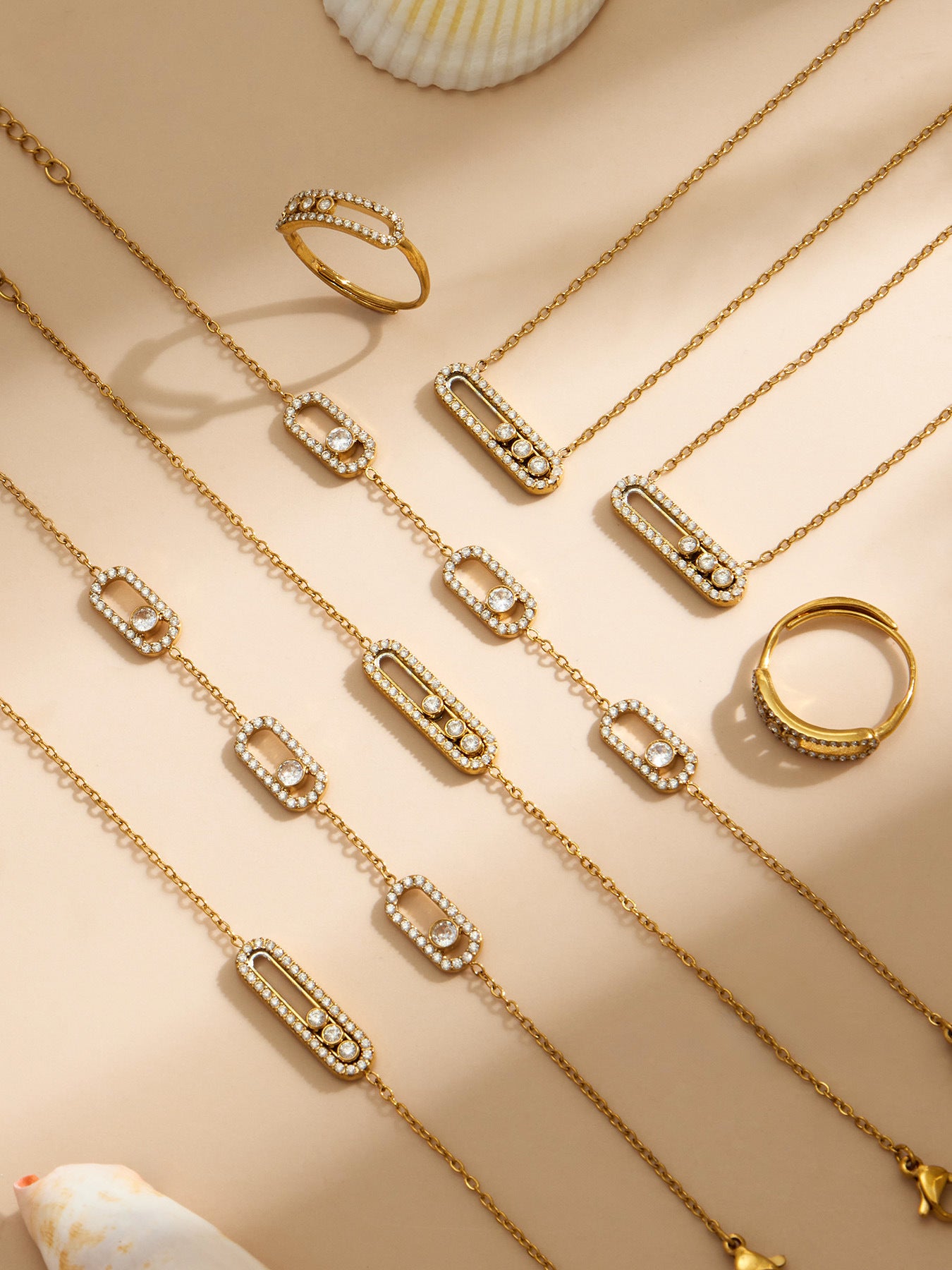 316L Stainless Steel 18K Gold PVD Triple Zircon Geometric Ring Bracelet Necklace Set - Triple Zircon Geometric Set Wholesale Stainless Steel Jewelry - Sensitive Skin Friendly - Detail 10