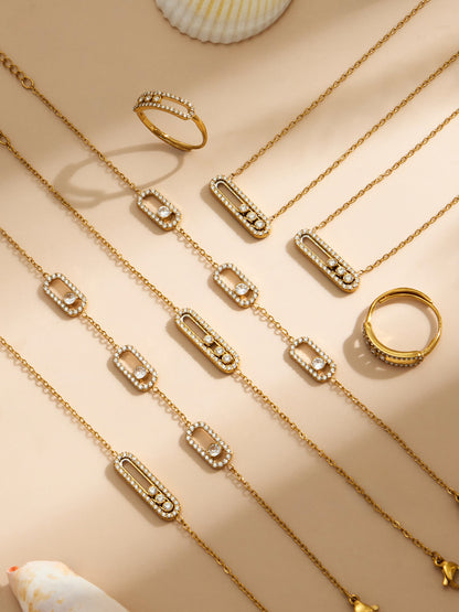 316L Stainless Steel 18K Gold PVD Triple Zircon Geometric Ring Bracelet Necklace Set - Triple Zircon Geometric Set Wholesale Stainless Steel Jewelry - Sensitive Skin Friendly - Detail 10