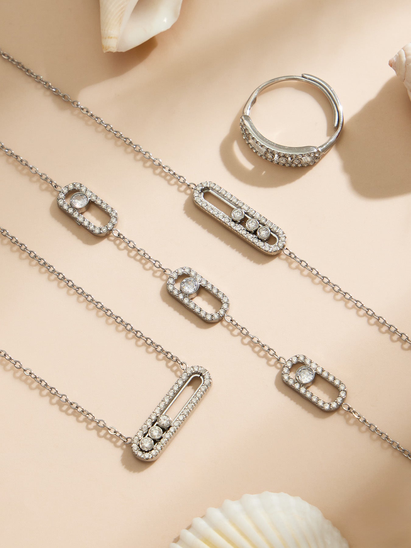 316L Stainless Steel 18K Gold PVD Triple Zircon Geometric Ring Bracelet Necklace Set - Triple Zircon Geometric Set Wholesale Stainless Steel Jewelry - Sensitive Skin Friendly - Detail 11