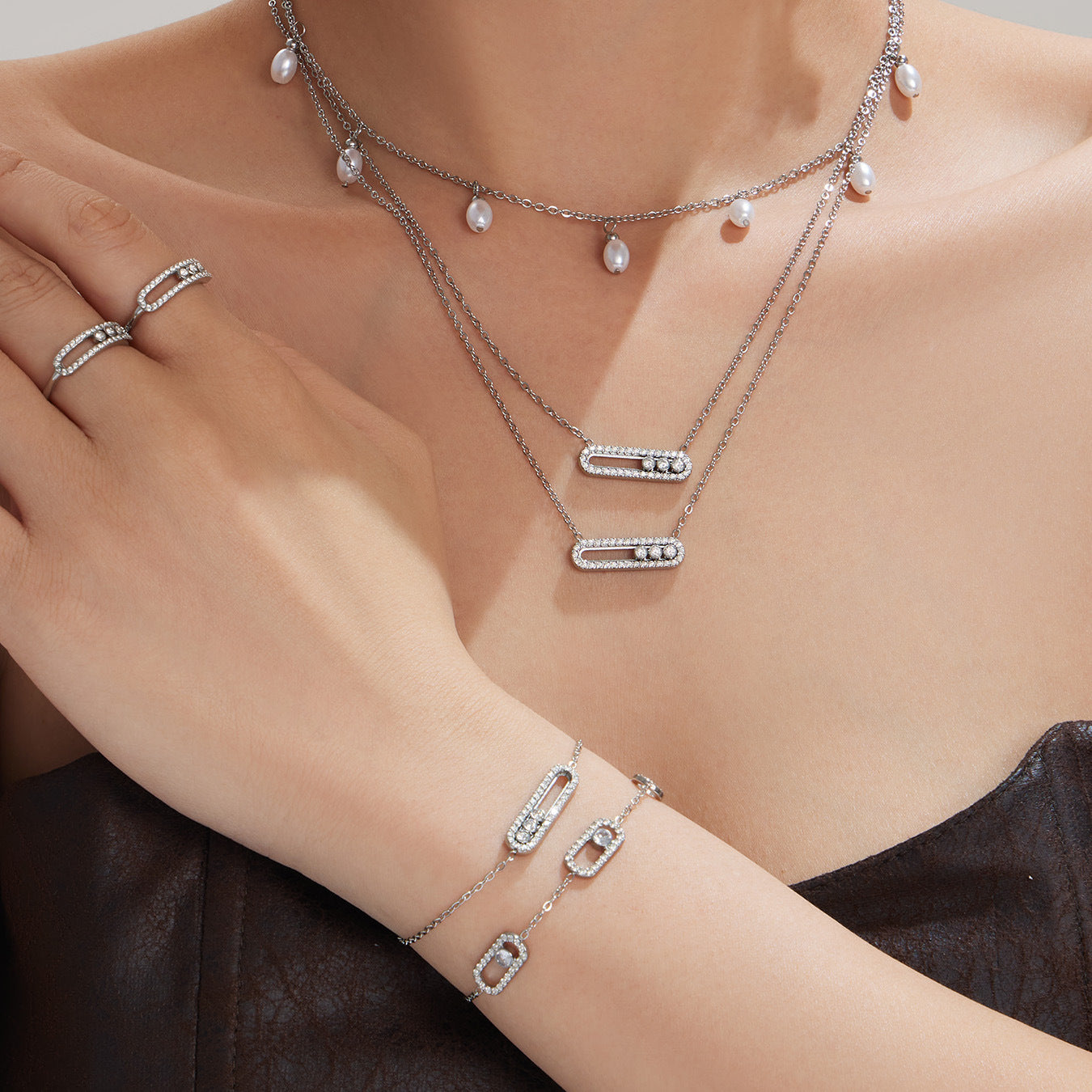 316L Stainless Steel 18K Gold PVD Triple Zircon Geometric Ring Bracelet Necklace Set - Triple Zircon Geometric Set Wholesale Stainless Steel Jewelry - Sensitive Skin Friendly - Detail 17