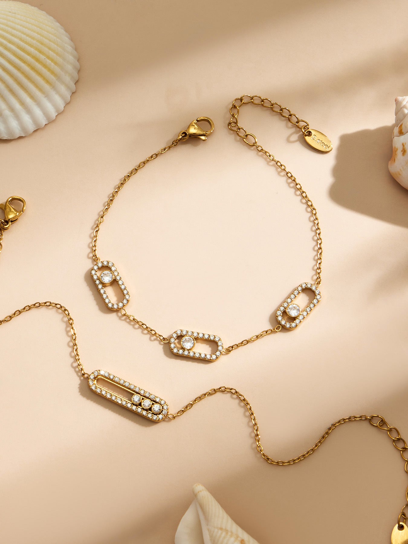 316L Stainless Steel 18K Gold PVD Triple Zircon Geometric Ring Bracelet Necklace Set - Triple Zircon Geometric Set Wholesale Stainless Steel Jewelry - Sensitive Skin Friendly - Detail 2