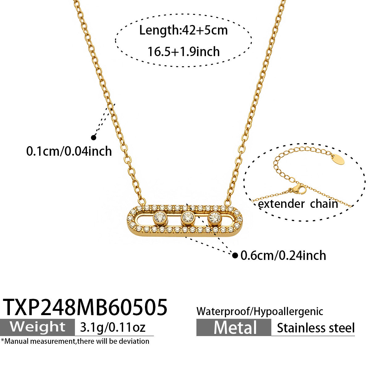 316L Stainless Steel 18K Gold PVD Triple Zircon Geometric Ring Bracelet Necklace Set - Triple Zircon Geometric Set Wholesale Stainless Steel Jewelry - Sensitive Skin Friendly - Detail 21