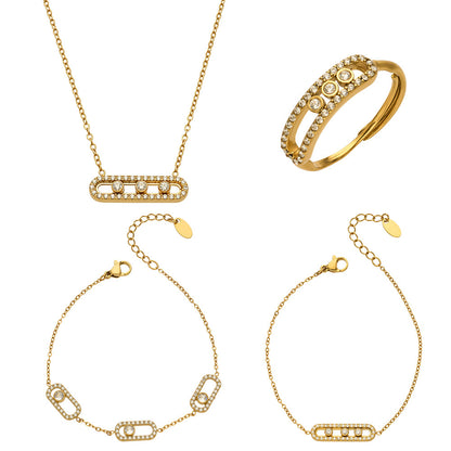 316L Stainless Steel 18K Gold PVD Triple Zircon Geometric Ring Bracelet Necklace Set - Triple Zircon Geometric Set Wholesale Stainless Steel Jewelry - Sensitive Skin Friendly - Detail 23