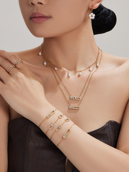 316L Stainless Steel 18K Gold PVD Triple Zircon Geometric Ring Bracelet Necklace Set - Triple Zircon Geometric Set Wholesale Stainless Steel Jewelry - Sensitive Skin Friendly - Detail 5