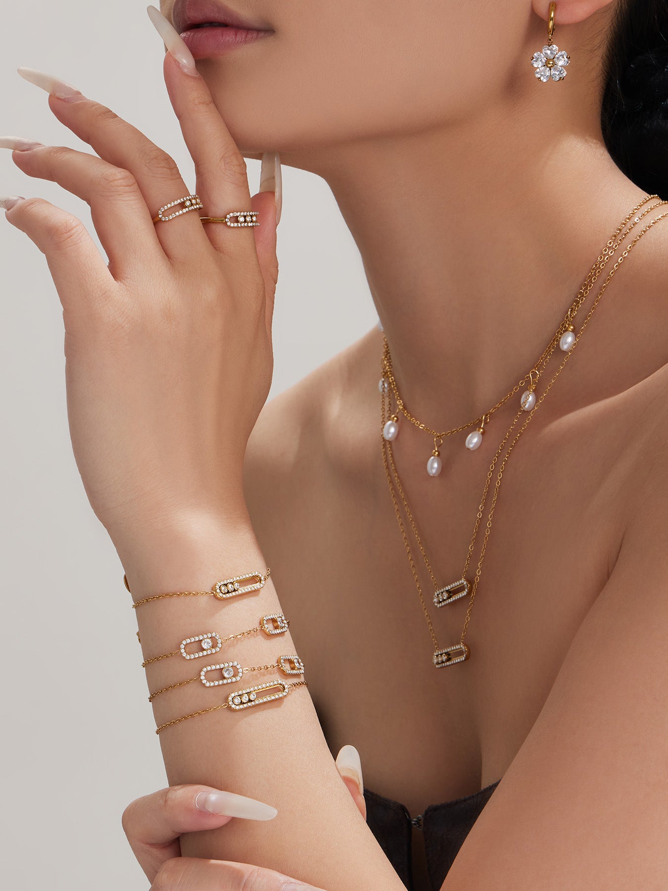316L Stainless Steel 18K Gold PVD Triple Zircon Geometric Ring Bracelet Necklace Set - Triple Zircon Geometric Set Wholesale Stainless Steel Jewelry - Sensitive Skin Friendly - Detail 6