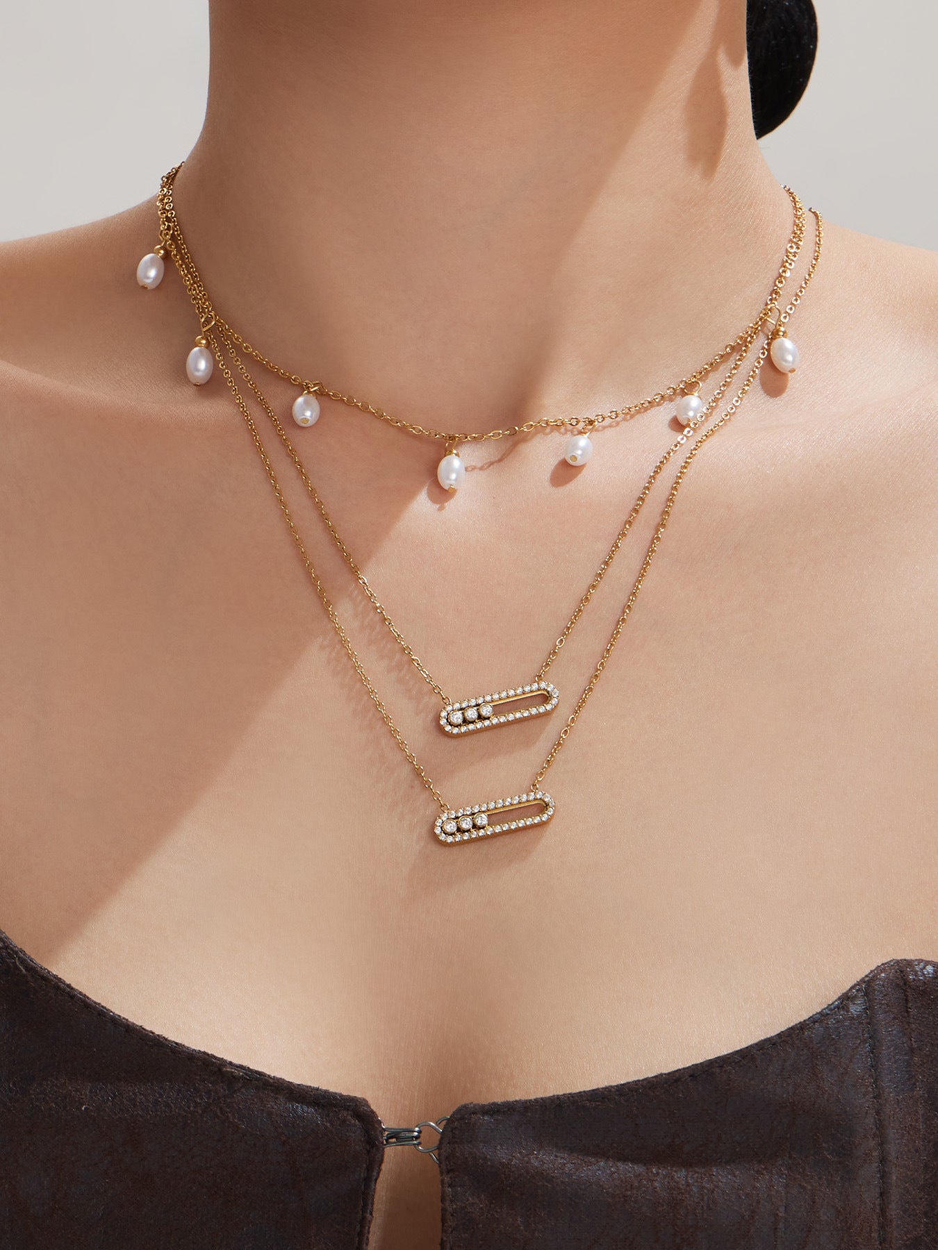 316L Stainless Steel 18K Gold PVD Triple Zircon Geometric Ring Bracelet Necklace Set - Triple Zircon Geometric Set Wholesale Stainless Steel Jewelry - Sensitive Skin Friendly - Detail 8