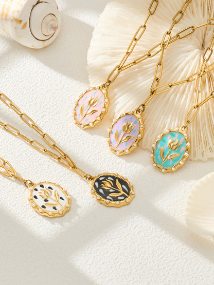 316L Stainless Steel 18K Gold PVD Tulip Enamel Pendant Necklace - Artistic Tulip Enamel Pendant Gold Necklace Wholesale Stainless Steel Jewelry - Sensitive Skin Friendly - Detail 1
