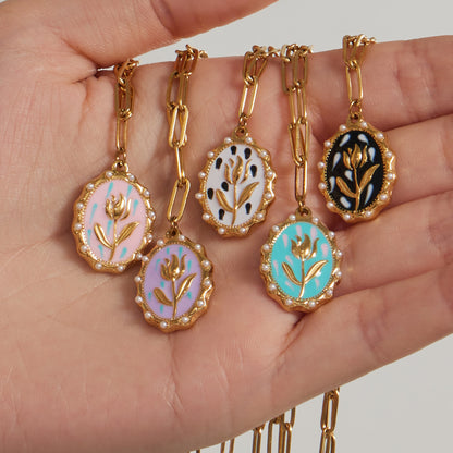 316L Stainless Steel 18K Gold PVD Tulip Enamel Pendant Necklace - Artistic Tulip Enamel Pendant Gold Necklace Wholesale Stainless Steel Jewelry - Sensitive Skin Friendly - Detail 10