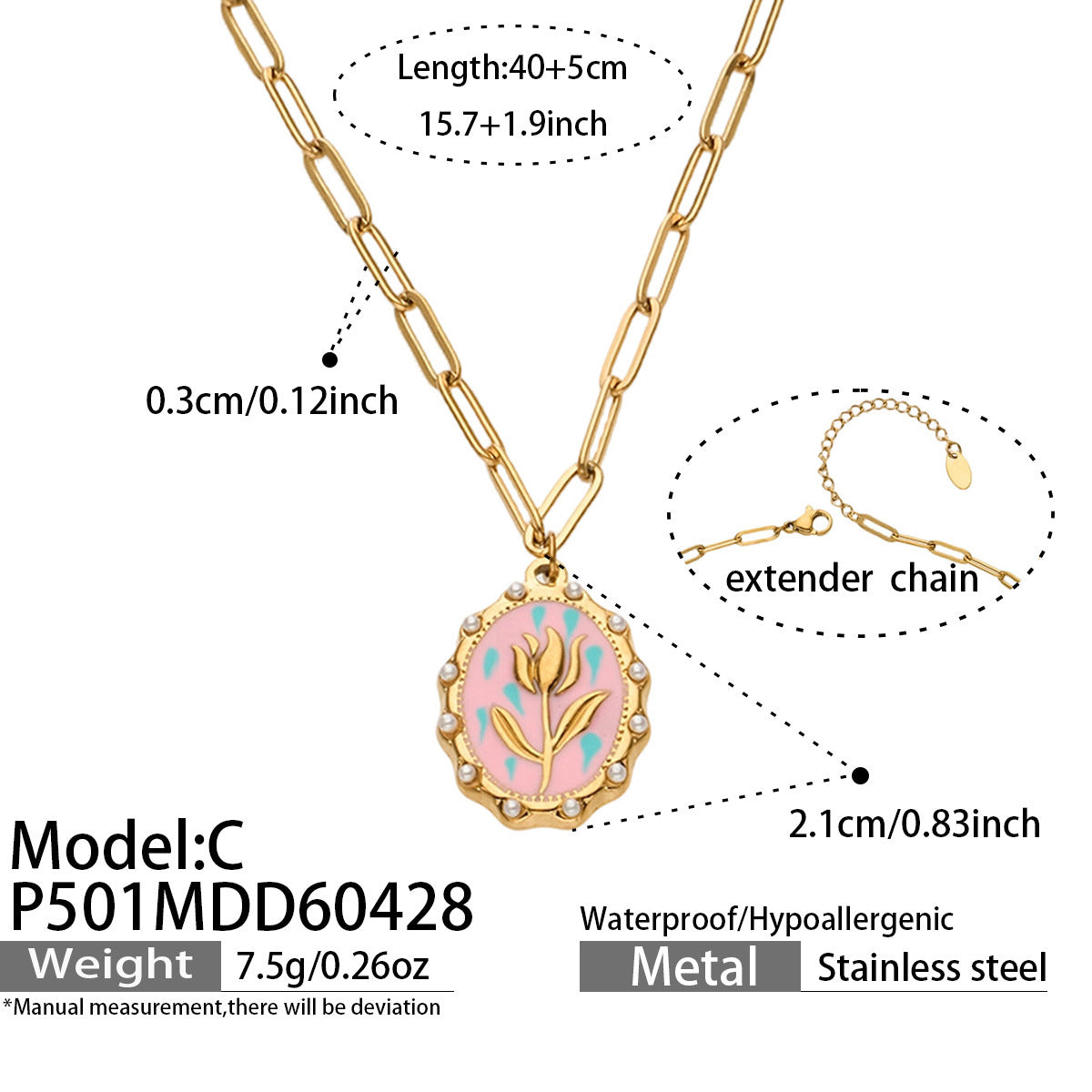 316L Stainless Steel 18K Gold PVD Tulip Enamel Pendant Necklace - Artistic Tulip Enamel Pendant Gold Necklace Wholesale Stainless Steel Jewelry - Sensitive Skin Friendly - Detail 11