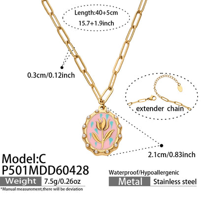 316L Stainless Steel 18K Gold PVD Tulip Enamel Pendant Necklace - Artistic Tulip Enamel Pendant Gold Necklace Wholesale Stainless Steel Jewelry - Sensitive Skin Friendly - Detail 11
