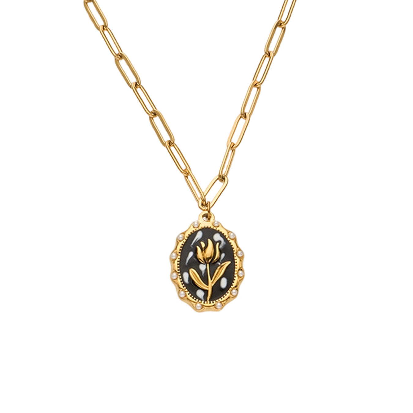 316L Stainless Steel 18K Gold PVD Tulip Enamel Pendant Necklace - Artistic Tulip Enamel Pendant Gold Necklace Wholesale Stainless Steel Jewelry - Sensitive Skin Friendly - Detail 14