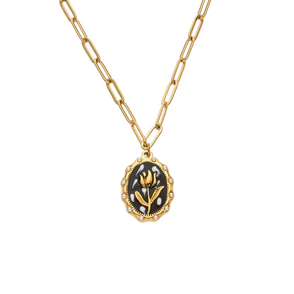 316L Stainless Steel 18K Gold PVD Tulip Enamel Pendant Necklace - Artistic Tulip Enamel Pendant Gold Necklace Wholesale Stainless Steel Jewelry - Sensitive Skin Friendly - Detail 14