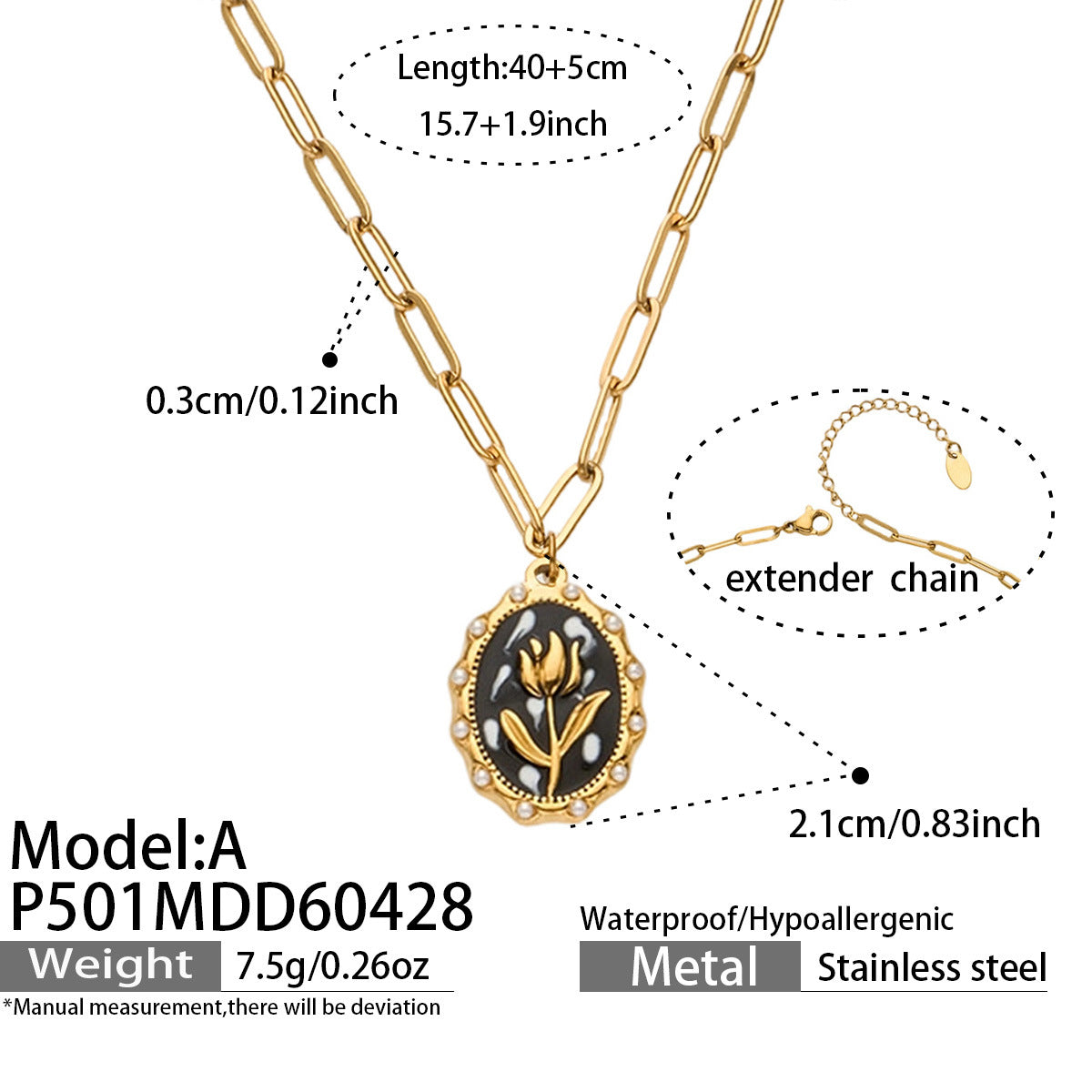 316L Stainless Steel 18K Gold PVD Tulip Enamel Pendant Necklace - Artistic Tulip Enamel Pendant Gold Necklace Wholesale Stainless Steel Jewelry - Sensitive Skin Friendly - Detail 15