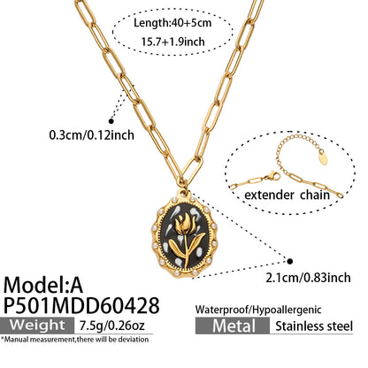 316L Stainless Steel 18K Gold PVD Tulip Enamel Pendant Necklace - Artistic Tulip Enamel Pendant Gold Necklace Wholesale Stainless Steel Jewelry - Sensitive Skin Friendly - Detail 15