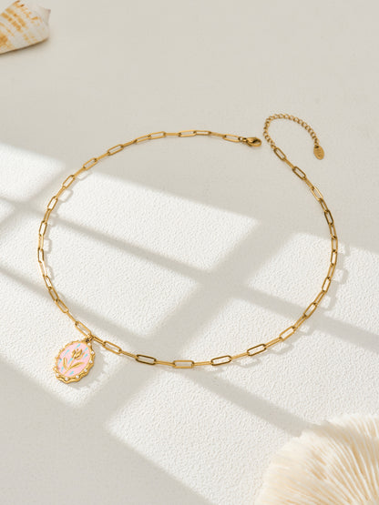 316L Stainless Steel 18K Gold PVD Tulip Enamel Pendant Necklace - Artistic Tulip Enamel Pendant Gold Necklace Wholesale Stainless Steel Jewelry - Sensitive Skin Friendly - Detail 4