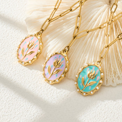 316L Stainless Steel 18K Gold PVD Tulip Enamel Pendant Necklace - Artistic Tulip Enamel Pendant Gold Necklace Wholesale Stainless Steel Jewelry - Sensitive Skin Friendly - Detail 6