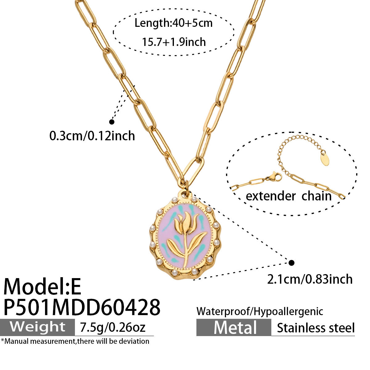 316L Stainless Steel 18K Gold PVD Tulip Enamel Pendant Necklace - Artistic Tulip Enamel Pendant Gold Necklace Wholesale Stainless Steel Jewelry - Sensitive Skin Friendly - Detail 7