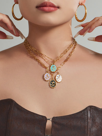 316L Stainless Steel 18K Gold PVD Tulip Enamel Pendant Necklace - Artistic Tulip Enamel Pendant Gold Necklace Wholesale Stainless Steel Jewelry - Sensitive Skin Friendly - Detail 8