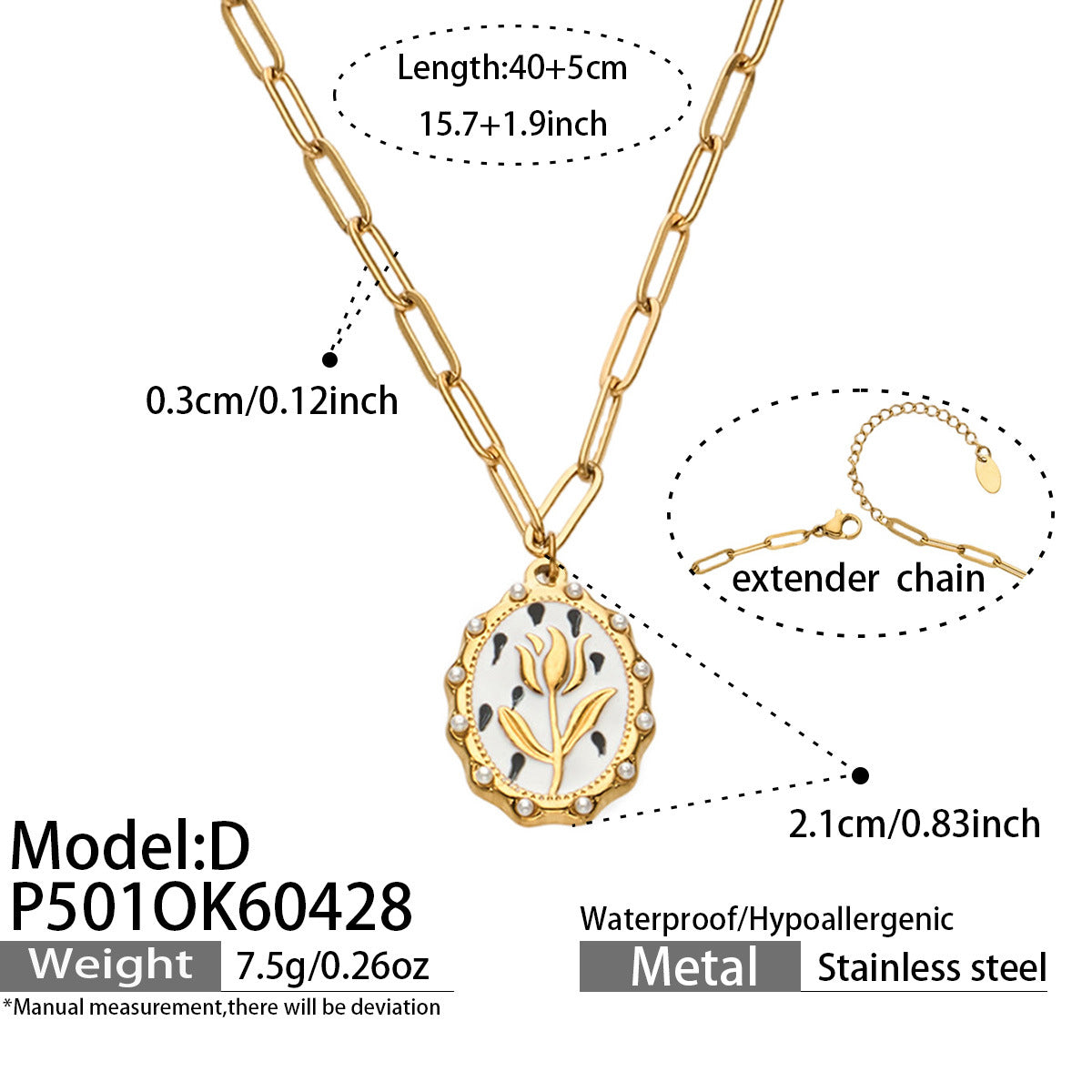 316L Stainless Steel 18K Gold PVD Tulip Enamel Pendant Necklace - Artistic Tulip Enamel Pendant Gold Necklace Wholesale Stainless Steel Jewelry - Sensitive Skin Friendly - Detail 9