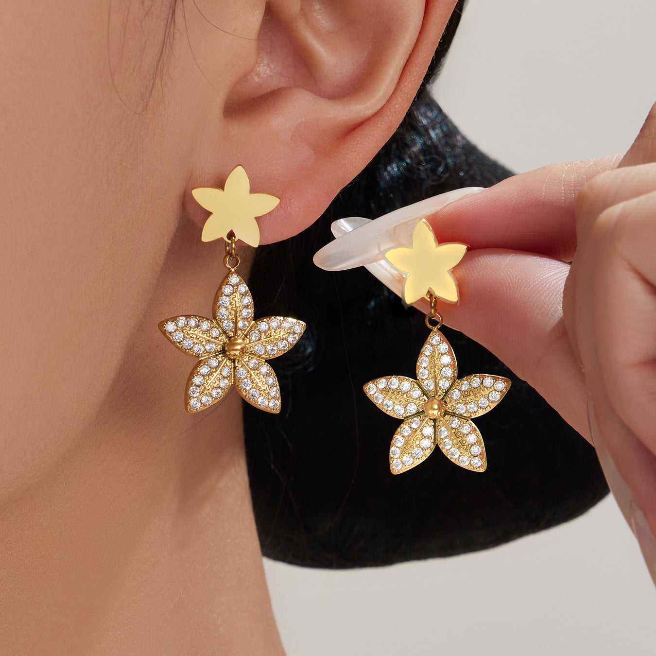 316L Stainless Steel 18K Gold PVD Tulip Flower Zircon Star Tassel Ring Necklace Earrings Bracelet - Tulip Flower Zircon Star Tassel Wholesale Stainless Steel Jewelry - Sensitive Skin Friendly - Detail 12