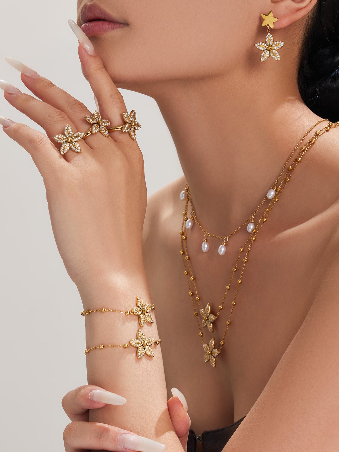 316L Stainless Steel 18K Gold PVD Tulip Flower Zircon Star Tassel Ring Necklace Earrings Bracelet - Tulip Flower Zircon Star Tassel Wholesale Stainless Steel Jewelry - Sensitive Skin Friendly - Detail 13