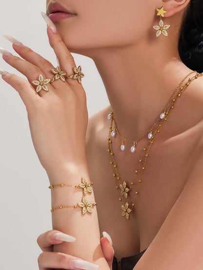 316L Stainless Steel 18K Gold PVD Tulip Flower Zircon Star Tassel Ring Necklace Earrings Bracelet - Tulip Flower Zircon Star Tassel Wholesale Stainless Steel Jewelry - Sensitive Skin Friendly - Detail 13