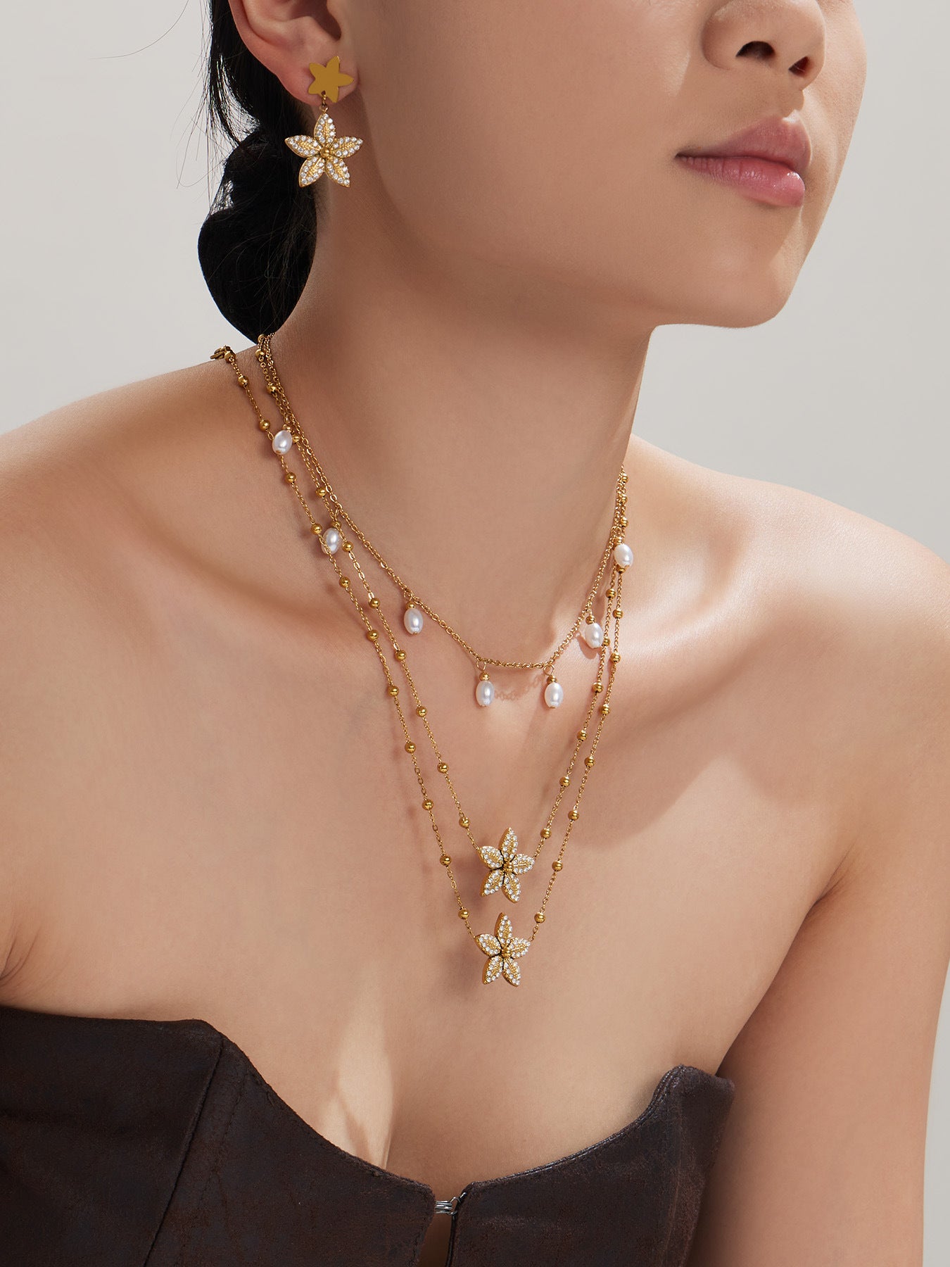 316L Stainless Steel 18K Gold PVD Tulip Flower Zircon Star Tassel Ring Necklace Earrings Bracelet - Tulip Flower Zircon Star Tassel Wholesale Stainless Steel Jewelry - Sensitive Skin Friendly - Detail 14