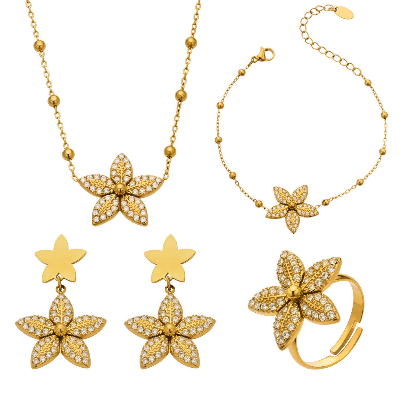 316L Stainless Steel 18K Gold PVD Tulip Flower Zircon Star Tassel Ring Necklace Earrings Bracelet - Tulip Flower Zircon Star Tassel Wholesale Stainless Steel Jewelry - Sensitive Skin Friendly - Detail 16