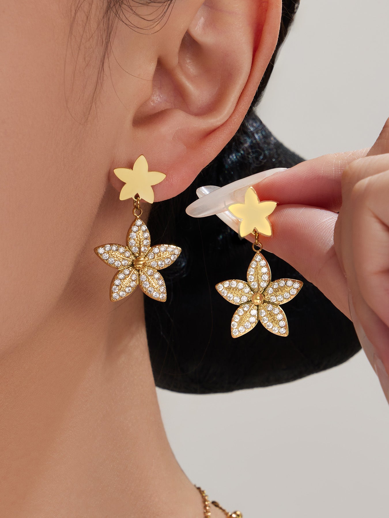 316L Stainless Steel 18K Gold PVD Tulip Flower Zircon Star Tassel Ring Necklace Earrings Bracelet - Tulip Flower Zircon Star Tassel Wholesale Stainless Steel Jewelry - Sensitive Skin Friendly - Detail 18