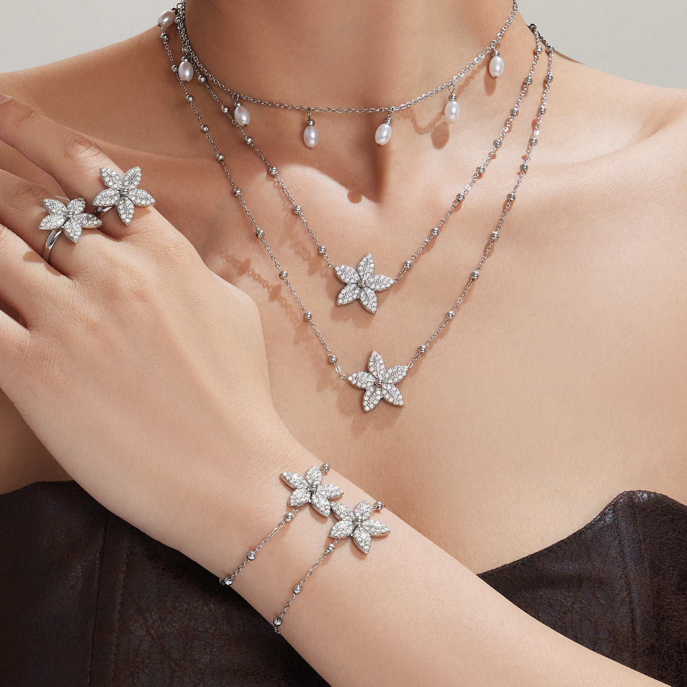 316L Stainless Steel 18K Gold PVD Tulip Flower Zircon Star Tassel Ring Necklace Earrings Bracelet - Tulip Flower Zircon Star Tassel Wholesale Stainless Steel Jewelry - Sensitive Skin Friendly - Detail 19