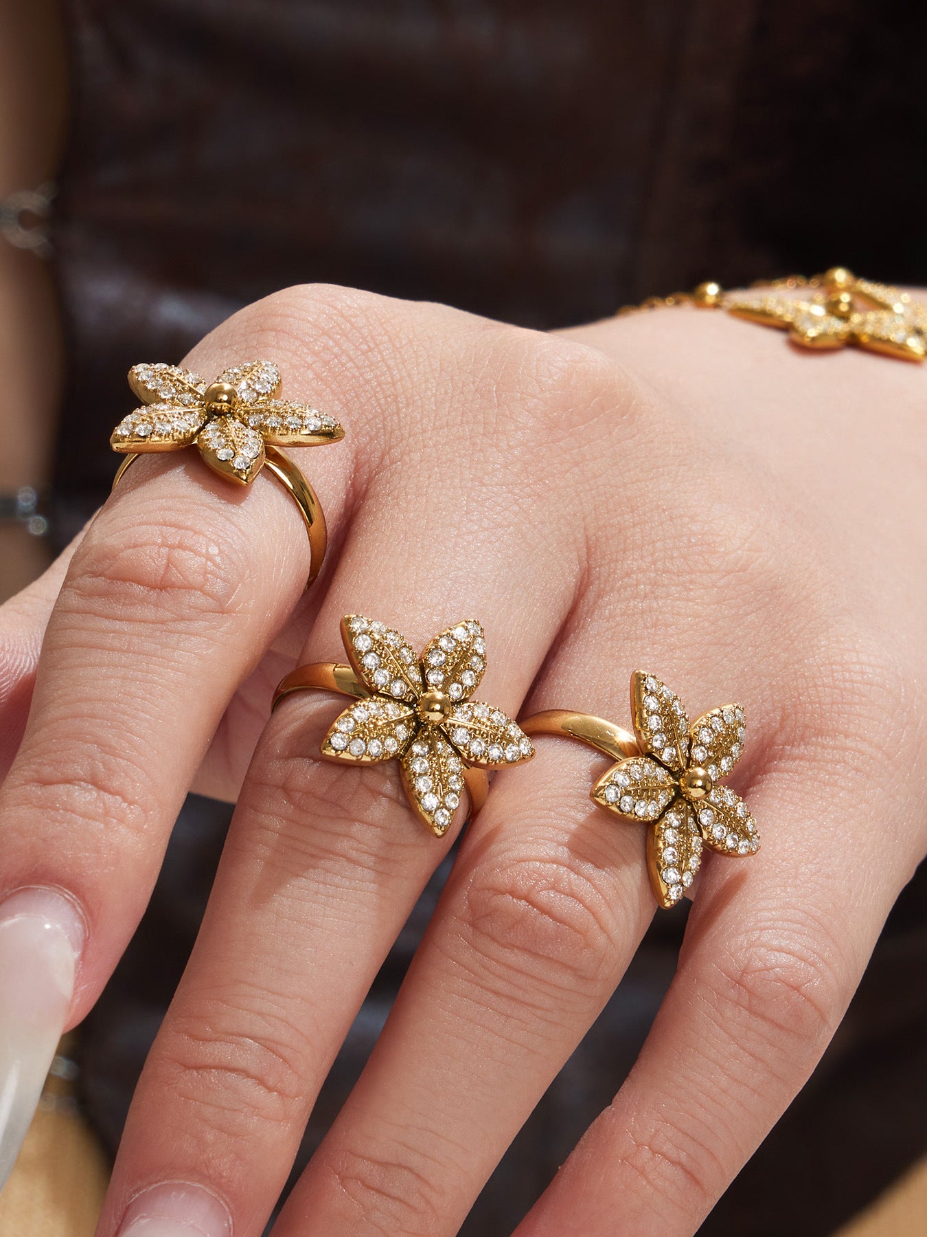 316L Stainless Steel 18K Gold PVD Tulip Flower Zircon Star Tassel Ring Necklace Earrings Bracelet - Tulip Flower Zircon Star Tassel Wholesale Stainless Steel Jewelry - Sensitive Skin Friendly - Detail 2