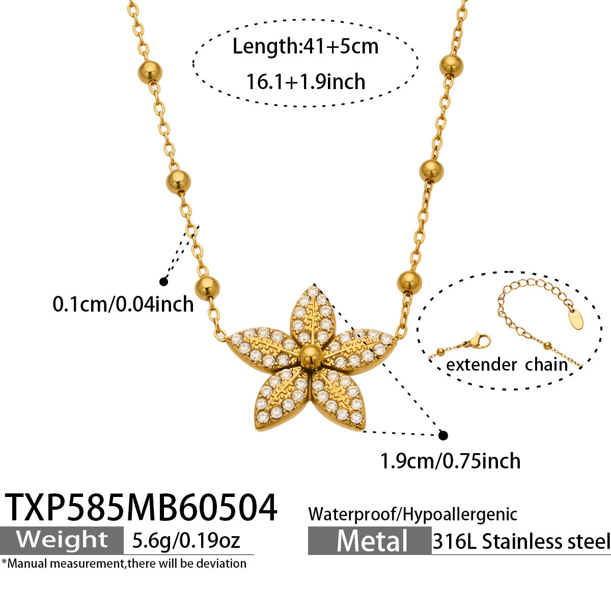 316L Stainless Steel 18K Gold PVD Tulip Flower Zircon Star Tassel Ring Necklace Earrings Bracelet - Tulip Flower Zircon Star Tassel Wholesale Stainless Steel Jewelry - Sensitive Skin Friendly - Detail 22