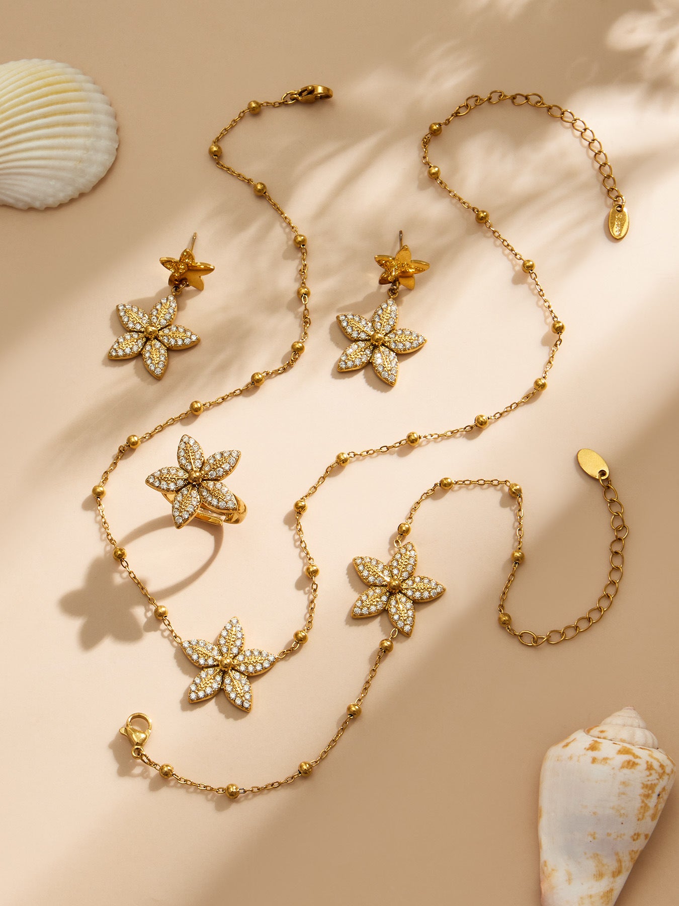 316L Stainless Steel 18K Gold PVD Tulip Flower Zircon Star Tassel Ring Necklace Earrings Bracelet - Tulip Flower Zircon Star Tassel Wholesale Stainless Steel Jewelry - Sensitive Skin Friendly - Detail 3
