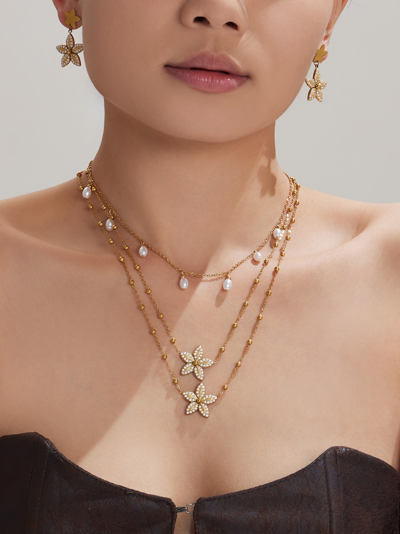 316L Stainless Steel 18K Gold PVD Tulip Flower Zircon Star Tassel Ring Necklace Earrings Bracelet - Tulip Flower Zircon Star Tassel Wholesale Stainless Steel Jewelry - Sensitive Skin Friendly - Detail 5