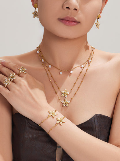 316L Stainless Steel 18K Gold PVD Tulip Flower Zircon Star Tassel Ring Necklace Earrings Bracelet - Tulip Flower Zircon Star Tassel Wholesale Stainless Steel Jewelry - Sensitive Skin Friendly - Detail 8